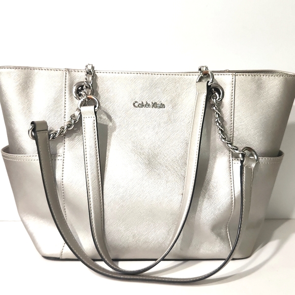 Calvin Klein Handbags - Calvin Klein Hayden Saffiano Metallic Silver Shoulder Bag Tote